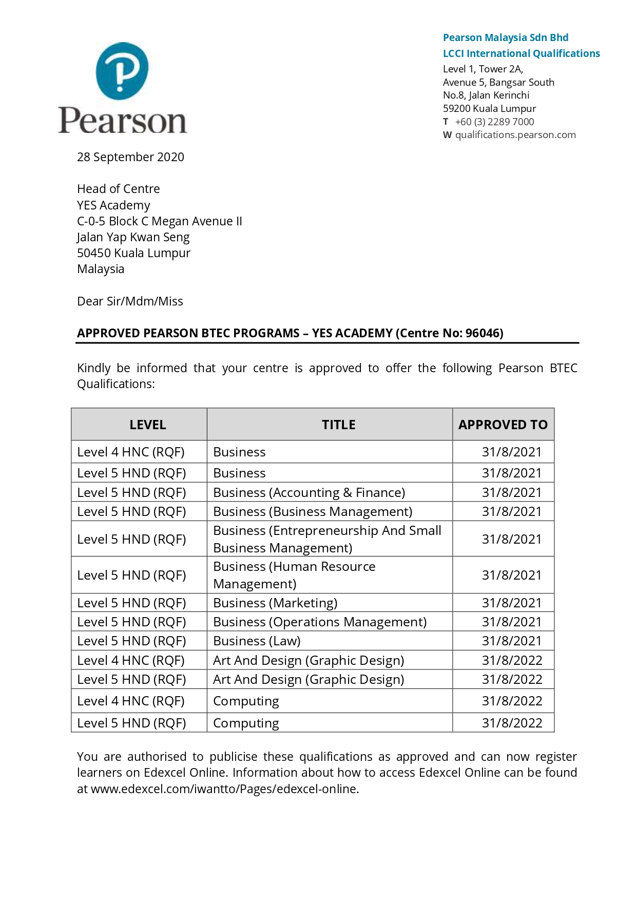 Pearson BTEC Approvals